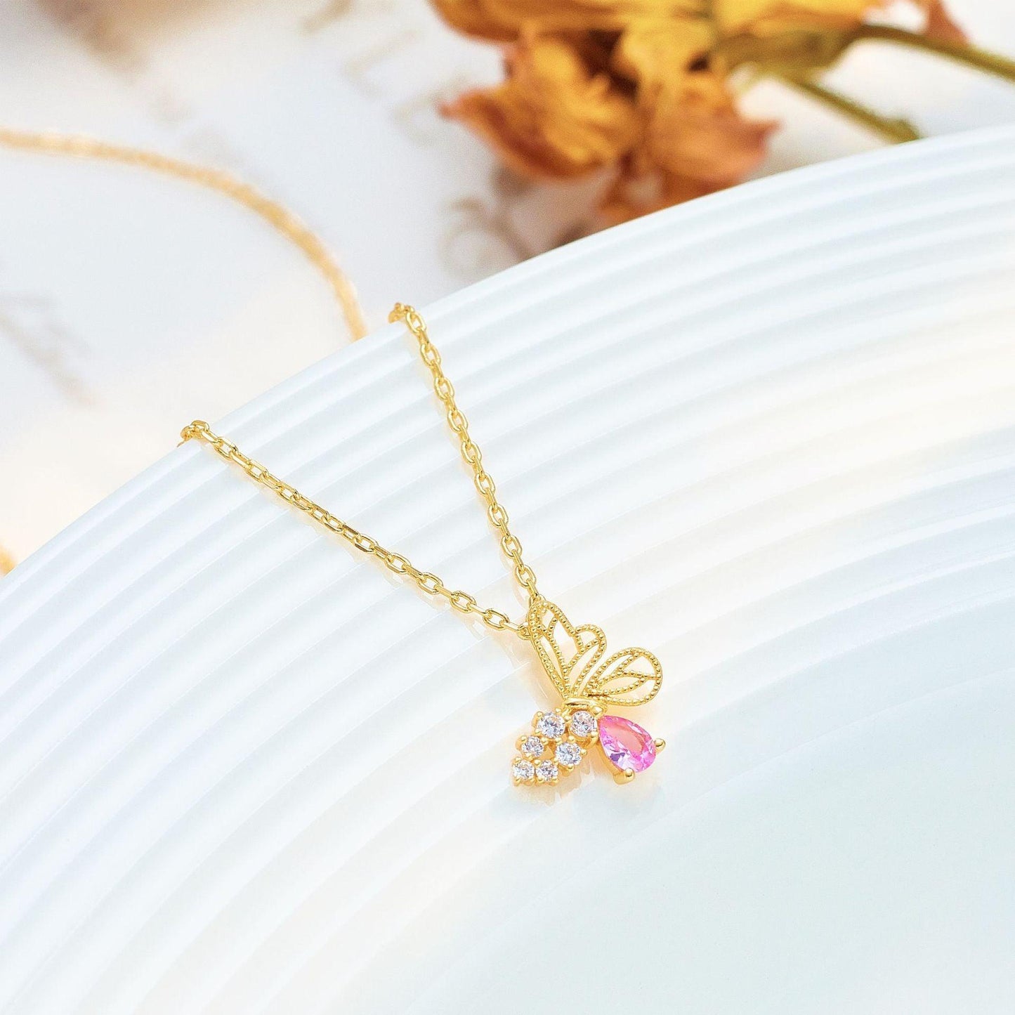 Silver Red Corundum Butterfly Necklace