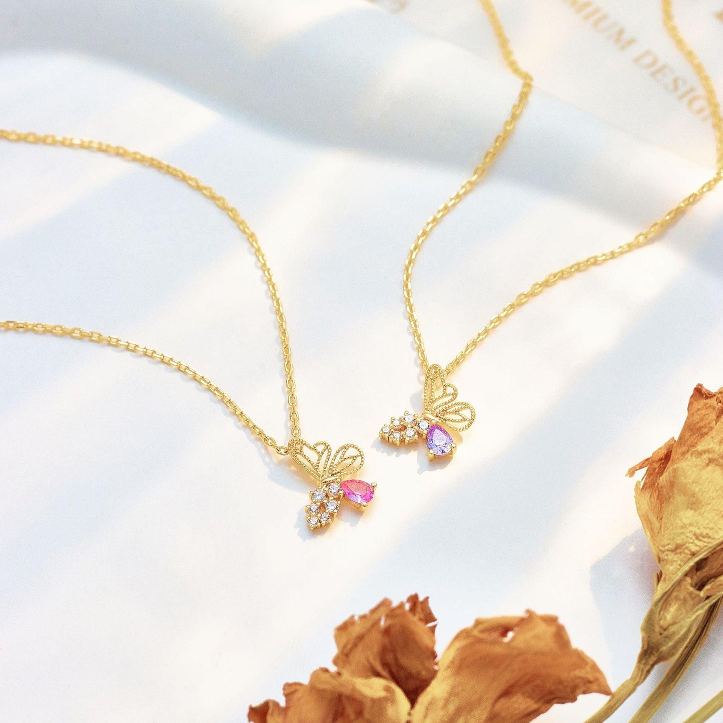 Silver Red Corundum Butterfly Necklace