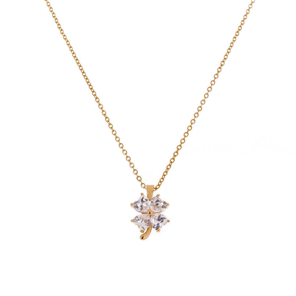 Golden love four-leaf clover white zircon